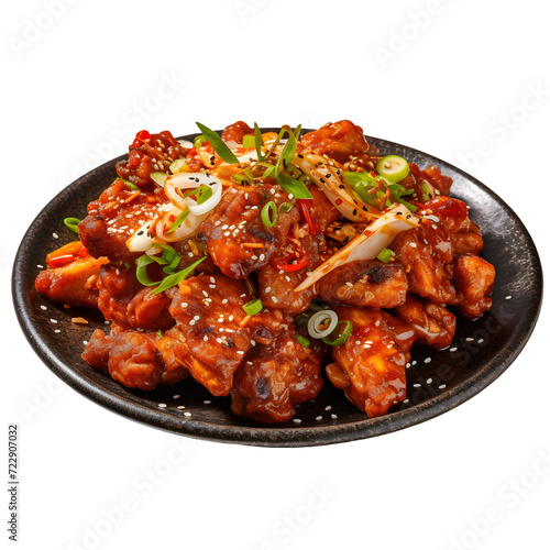 Dakgalbi is served on a plate with a transparent background
