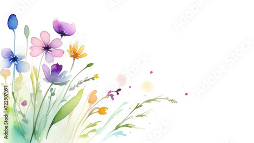 delicate spring field watercolor flowers on a white background  copy space