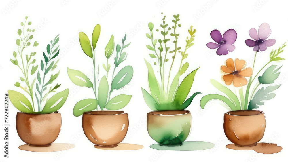 homemade flowers in pots on a white background in watercolor style homemade flowers in pots on a white background in watercolor style