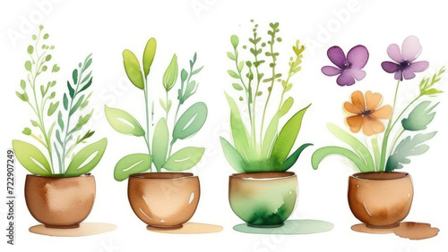 homemade flowers in pots on a white background in watercolor style