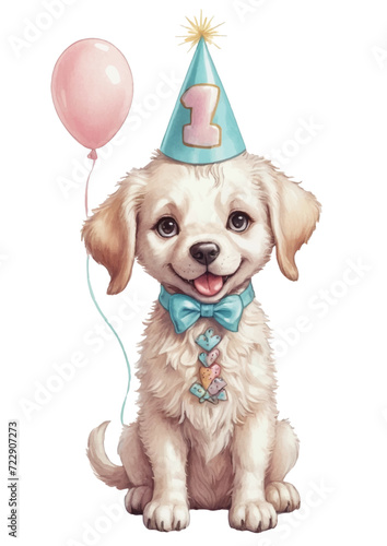 Cute puppy celebrating first birthday with balloon. Baby dog first birthday card, isolated