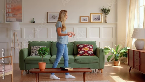 young blonde woman walks across the room near couch, talking to herself and bending fingers. student prepares for exam. woman repeats checklist and thinks.