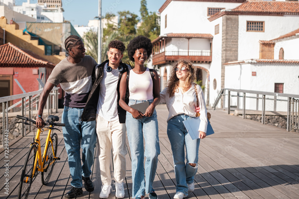 Fototapeta premium Group of friends walking together on the way to college. Concept: studies, education, friendship