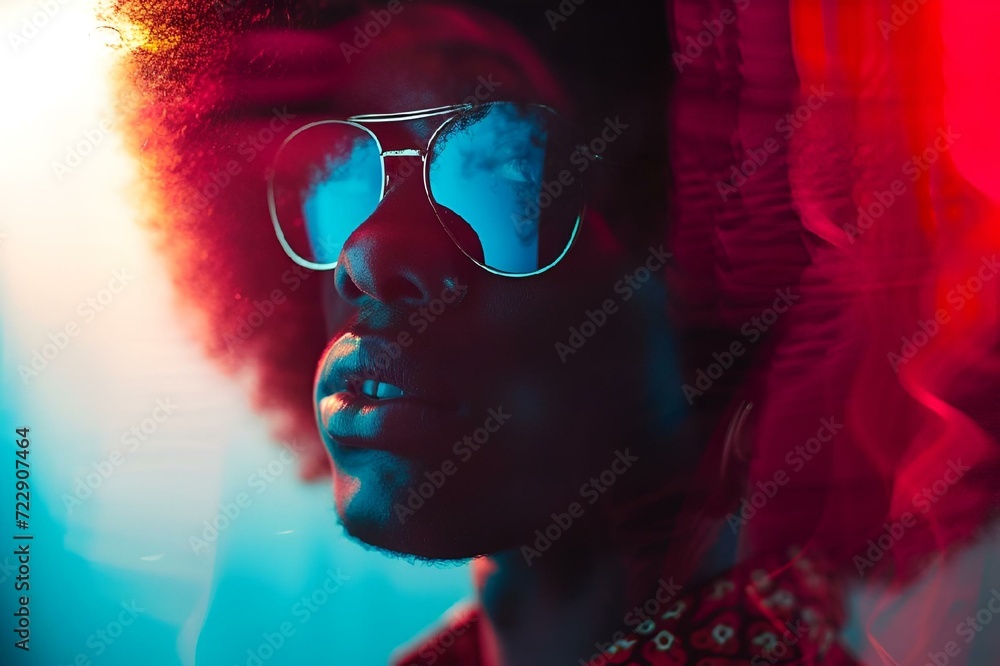 AI generated illustration of a stylish man with vibrant hair and sunglasses enjoying the evening