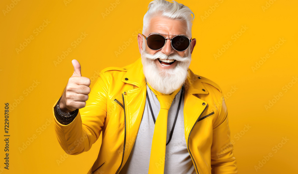 Man smiling with thumbs up on yellow background