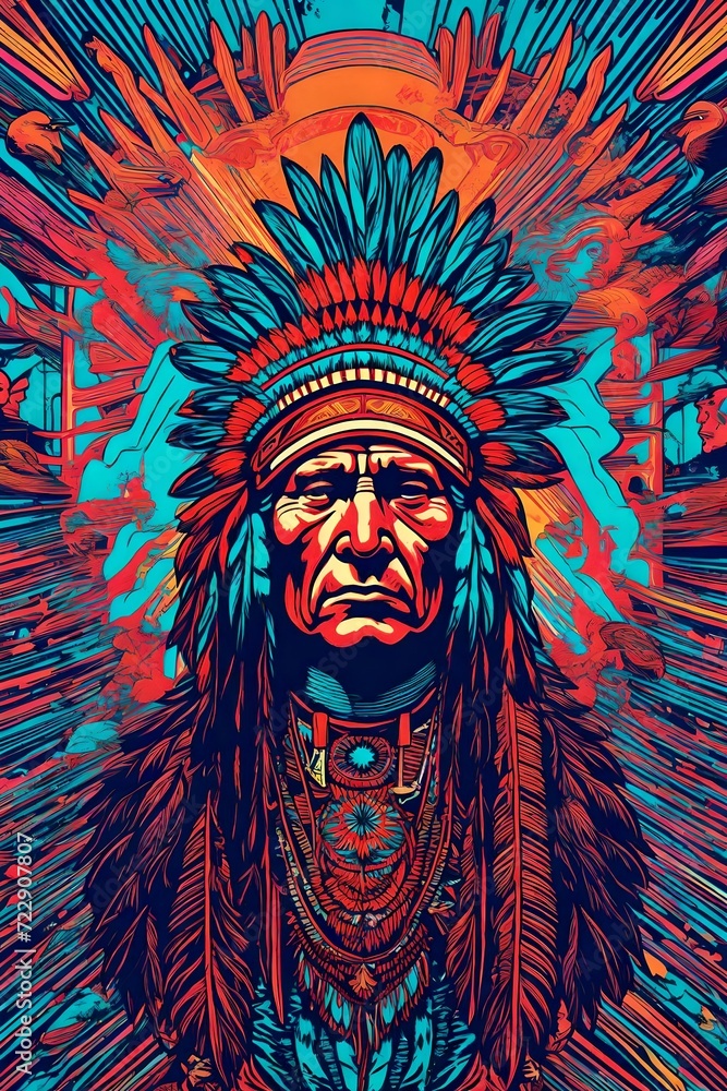 a vintage retro psychedelic concert gig band music poster featuring an Indian chief, native, aboriginal, native American