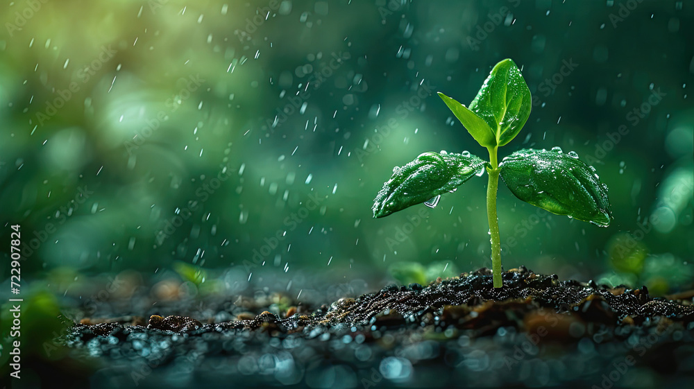 Small plant sprouting from the ground in the rain Small plant sprouting from the ground in the rain