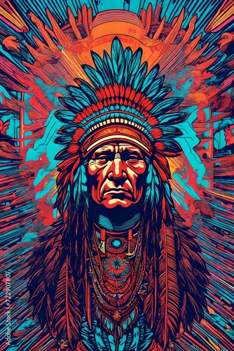 a vintage retro psychedelic concert gig band music poster featuring an Indian chief, native, aboriginal, native American