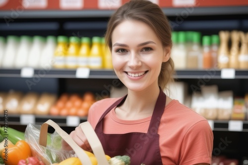 Portrait of smiling female customer looking at camera while standing in supermarket