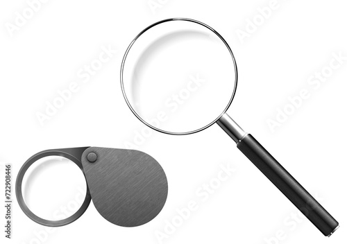 Realistic modern magnifying glass set. PNG Magnifier lens tool. Plastic Handle and Metallic Rim Isolated On transparent Background. Optical device for research, exploration. Instrument to magnify