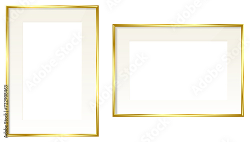 Golden photo frame with white mount, transparent glass isolated PNG. Modern picture frame. Vertical and horizontal position. Vintage design element