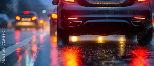 Evening Commute in the Rain: Capturing the Glow of Taillights and Reflections on Wet City Streets