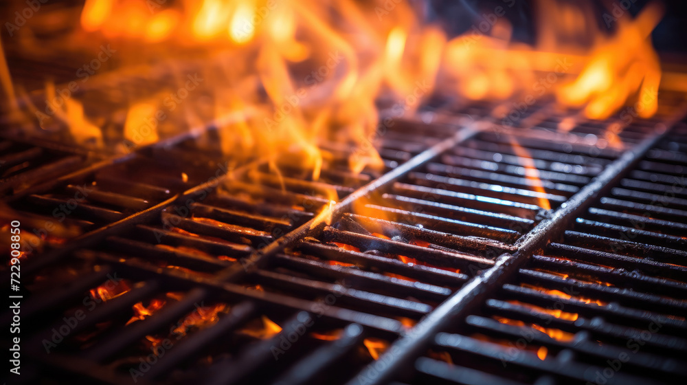 Empty flaming grill grates with open fire, ready for product placement. Background for grilled food with fire. Empty flaming grill grates with open fire, ready for product placement. Background for grilled food with fire.
