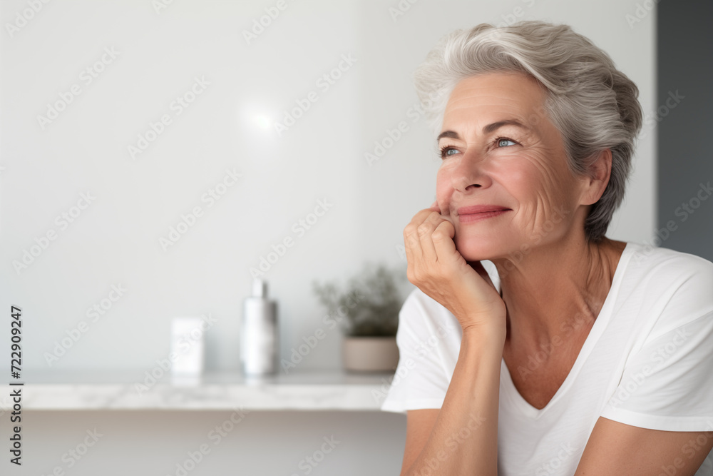 Senior woman against neutral background in a minimalist bathroom with soft lighting. Hyperrealistic style Senior woman against neutral background in a minimalist bathroom with soft lighting. Hyperrealistic style