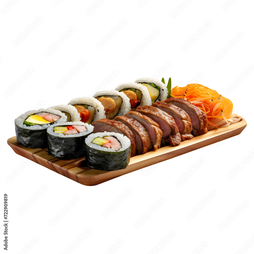 Kimbab is served on a board with a transparent background Kimbab is served on a board with a transparent background