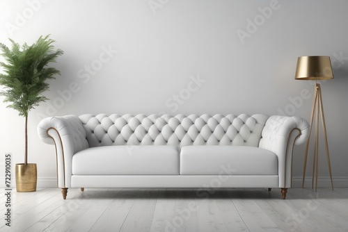 White Tufted Sofa Couch Mid Century Modern Living Room Blank Empty Wall Copy Space © Dhiandra