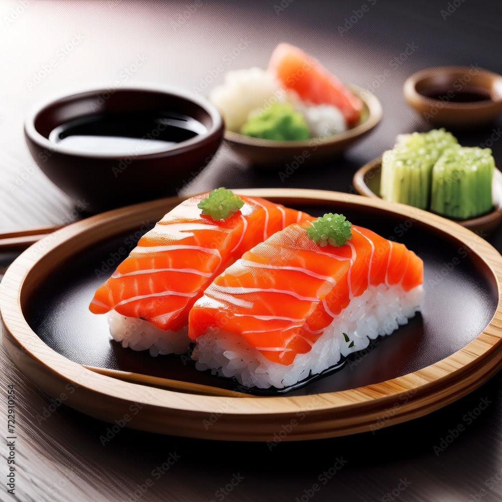 Fresh Salmon Sushi on Wooden Plate with Soy and Wasabi