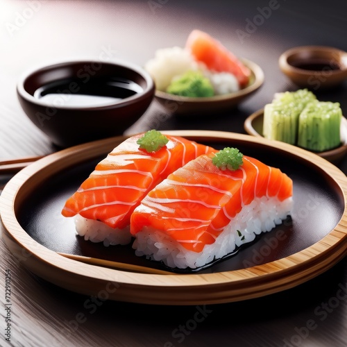 Fresh Salmon Sushi on Wooden Plate with Soy and Wasabi