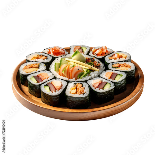 Kimbab is served on a board with a transparent background