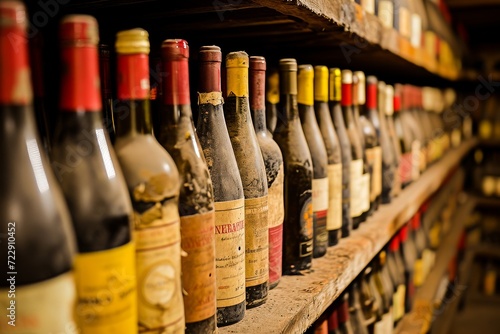 A selection of vintage wine bottles lined up on a wooden cellar shelf, showcasing a variety of labels and ages.
