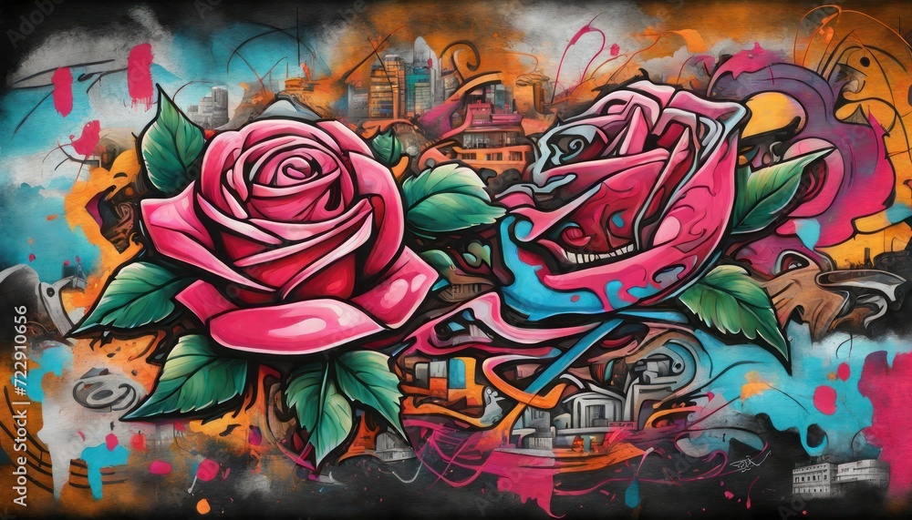 Vibrant Graffiti Artwork with Roses and Abstract Urban Background