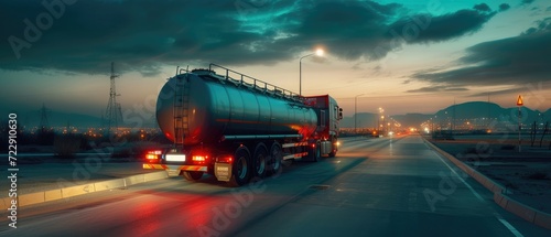 Big fuel tanker truck shipping fuel on highway road in motion. Gasoline tanker, oil trailer, fast driving