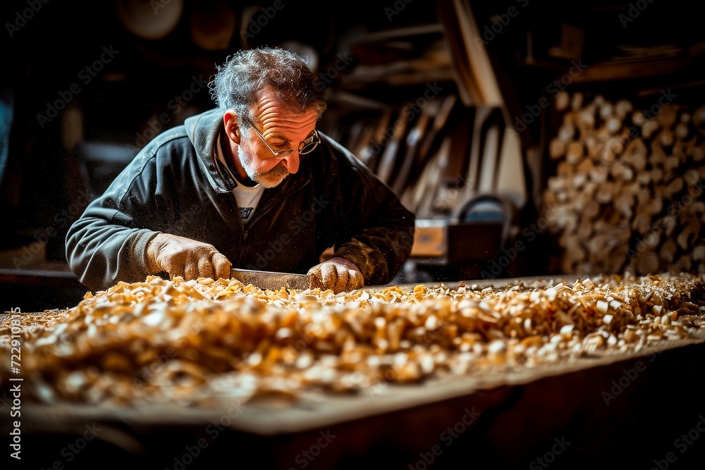 A skilled craftsman carefully working with wood in a warm, artisanal workshop filled with wood shavings. A skilled craftsman carefully working with wood in a warm, artisanal workshop filled with wood shavings.