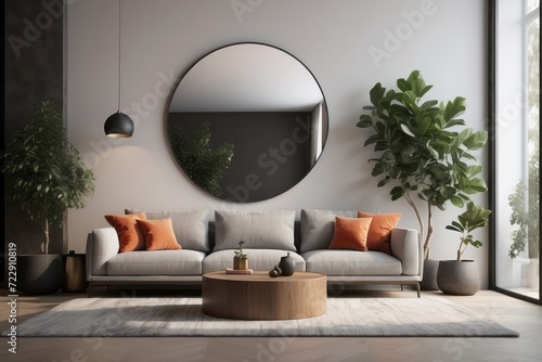 Living room nterior with sofa, mirror and ficus photo