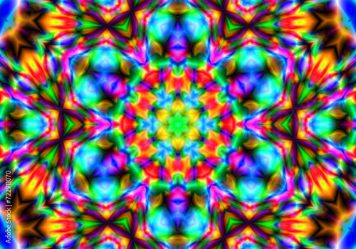 Infinite  intricate patterns of light creating a mesmerizing kaleidoscope of color and form. Colorful Shiny and Hypnotic Kaleidoscope. Abstract decorative vintage texture.