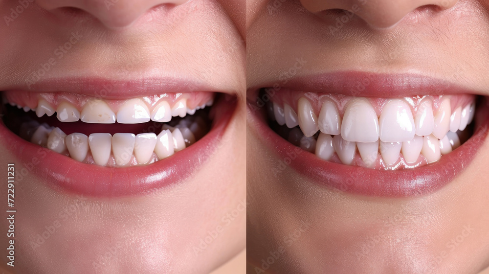 Fototapeta premium Perfect smile before and after bleaching procedure whitening of zircon arch ceramic prothesis Implants crowns. Dental restoration treatment clinic patient. Result of oral surgery dentistry,
