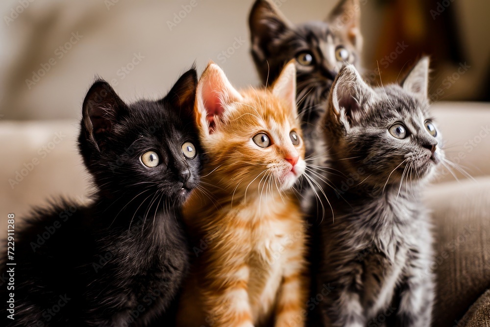 Four adorable kittens with different fur colors sitting together and looking attentively to the side.
