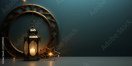 Ornamental Arabic lantern with candle glowing on dark background Muslim holy month Ramadan Kareem