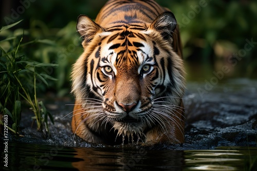 medium shot of tiger head in forest generative ai