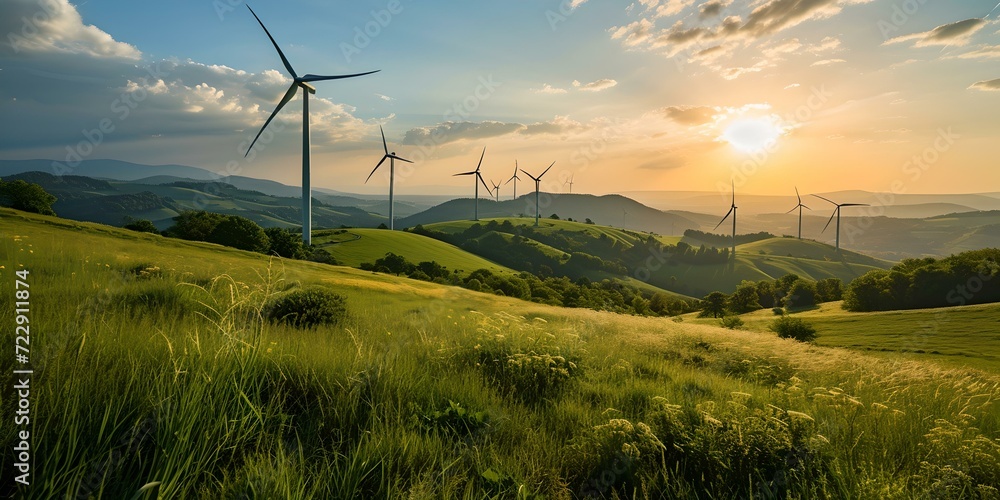 Obraz premium Renewable energy concept with wind turbines at sunset. ecological power generation. sustainable development. green hills landscape. AI