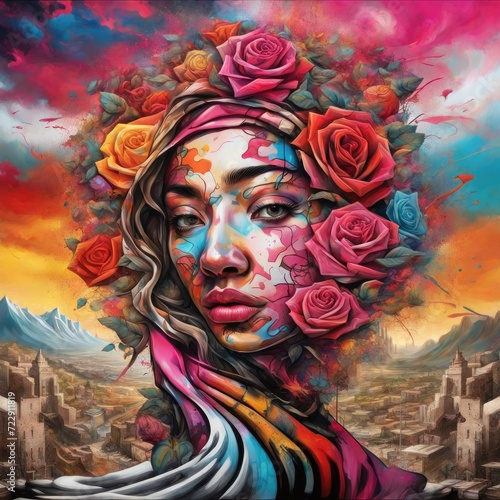 Abstract Woman Portrait with Roses and Vibrant Colors Art