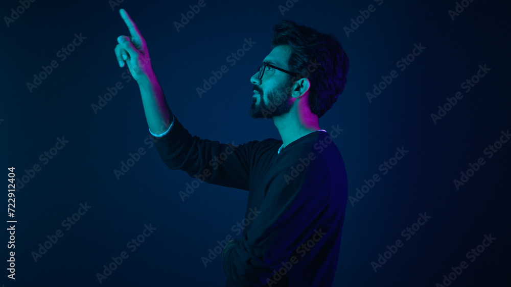 Infographic hologram editing template ultraviolet background Arabian man hi-tech internet technology worker thinking coder programmer coding touch air space like virtual screen click icon text file Infographic hologram editing template ultraviolet background Arabian man hi-tech internet technology worker thinking coder programmer coding touch air space like virtual screen click icon text file