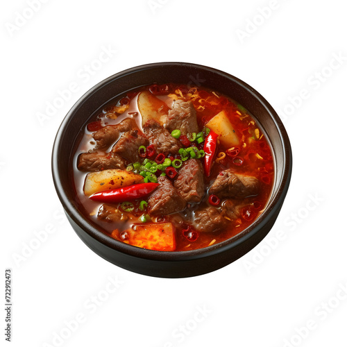 Yukgaejang or Spicy beef soup is served in a bowl with a transparent background