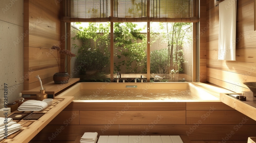 A traditional Japanese soaking tub bathroom with wooden elements and tranquil natural decor.