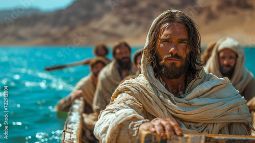 Jesus Christ with his disciples in a boat on the lake. Christian religious photo for church publications