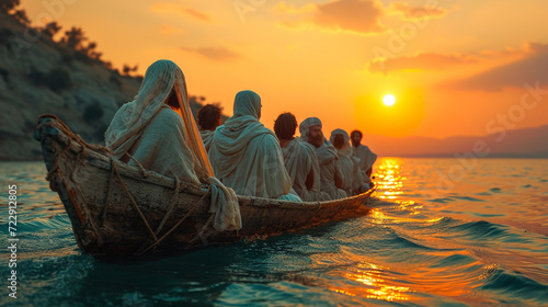 Jesus Christ with his disciples in a boat on the lake. Christian religious photo for church publications