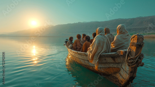 Jesus Christ with his disciples in a boat on the lake. Christian religious photo for church publications