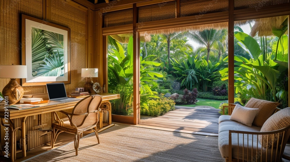 A tropical-themed home office with bamboo furniture, palm leaf prints, and a view of a lush garden.