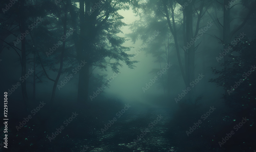 Fototapeta premium Foggy dark forest path horror melancholic background.Generative AI