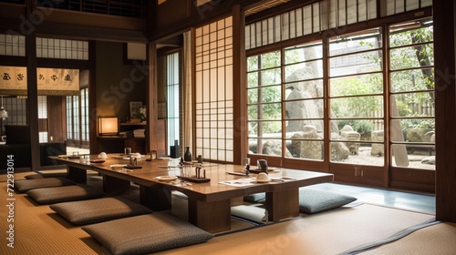 A traditional Japanese tatami dining room with low tables, floor cushions, and sliding paper doors.