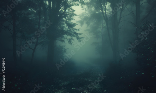 Foggy dark forest path horror melancholic background.Generative AI © simba kim