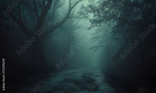 Foggy dark forest path horror melancholic background.Generative AI photo