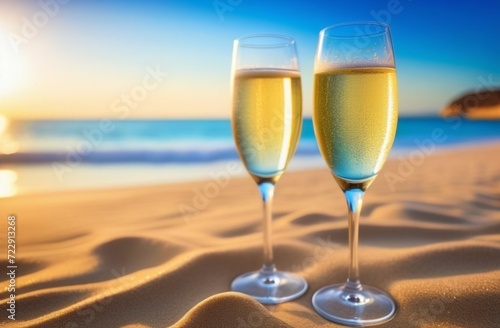 Two glasses of champagne on the beach