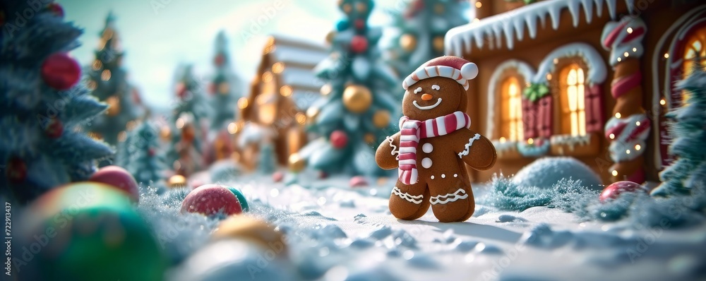 a gingerbread man happily walking with gingerbread house in winter season, Generative AI