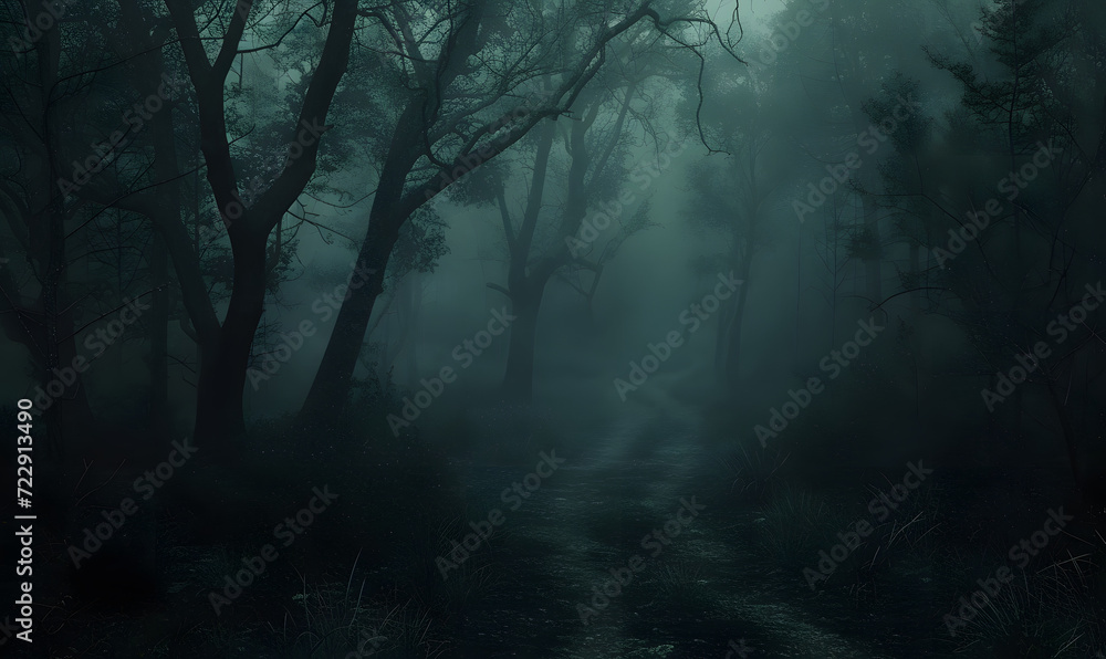 Fototapeta premium Foggy dark forest path horror melancholic background.Generative AI