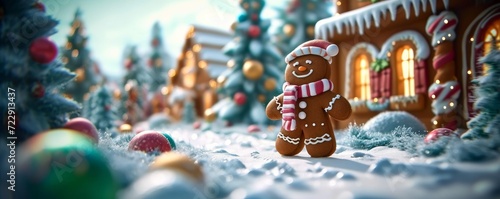 a gingerbread man happily walking with gingerbread house in winter season  Generative AI